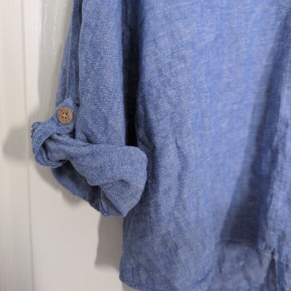 Cato Linen Blend Shirt Womens Size Large Blue Dolman Roll Tab Sleeves Coastal - Picture 2 of 8